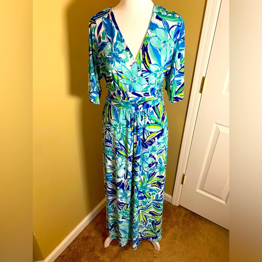 NWT Pappagallos Blue Print Slinky Maxi 3/4 Sleeve Dress Size Small